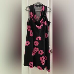 Anne Klein Black Asymmetrical Dress with Pink Floral Design